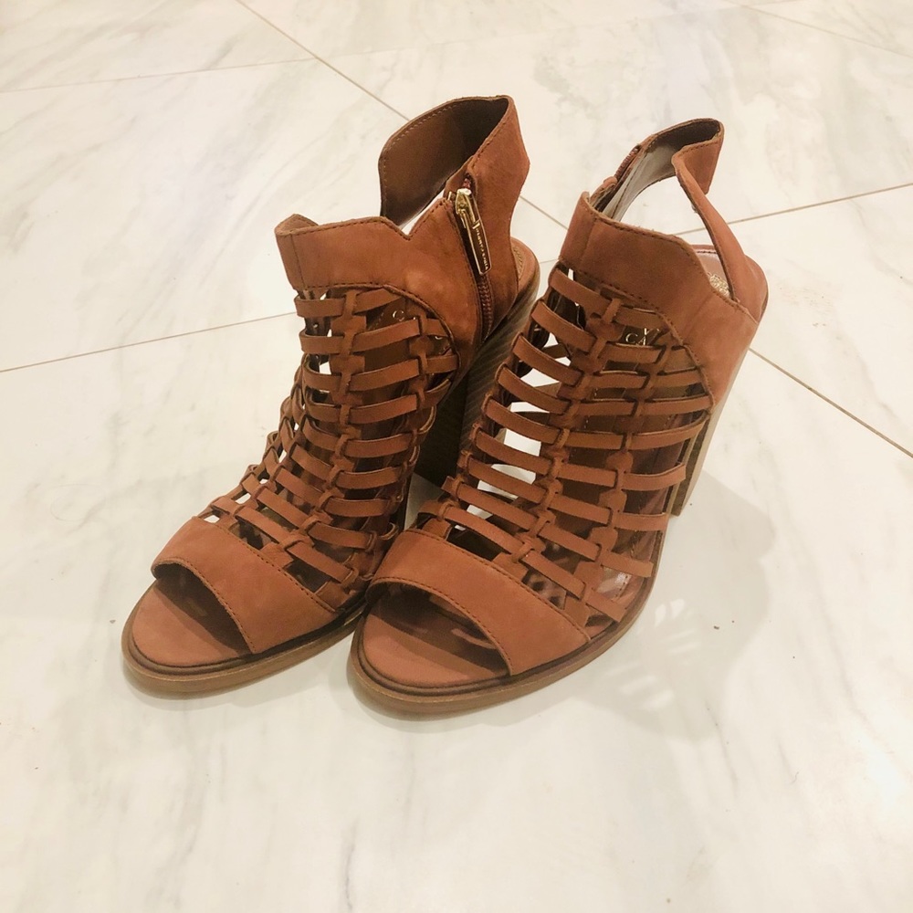 Vince Camuto Stacked Heel Tan Leather Sandal